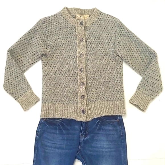LL Bean Cable Knit Fisherman Sweater Button Down Wool Cardigan Marbled Polka Dot - Picture 1 of 17